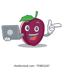 With laptop plum character cartoon style