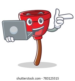 With laptop plunger character cartoon style