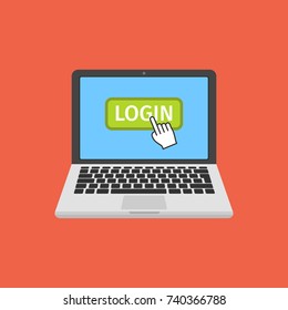 Laptop with pointer clicking on LOGIN button. Lap top vector icon. Vector illustration. 