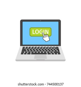 Laptop with pointer clicking on LOGIN button. Lap top vector icon. Vector illustration. 