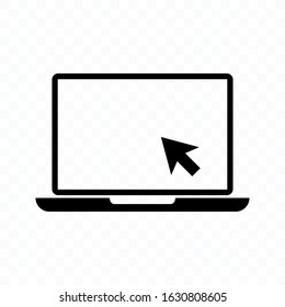 Laptop with pointer or cursor icon isolated. Notebook screen template. Display with clicking mouse on white background.