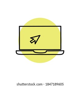 Laptop with pointer or cursor icon isolated. Notebook screen template. Display with clicking mouse on white background.
