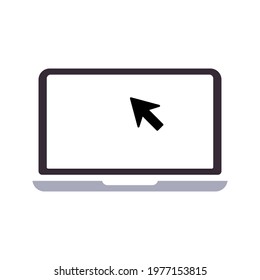 Laptop with pointer or cursor icon isolated. Notebook screen template. Display with clicking mouse color editable