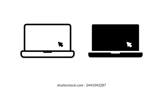 Laptop with pointer or cursor icon isolated. Notebook screen template. Display with clicking mouse on white background.