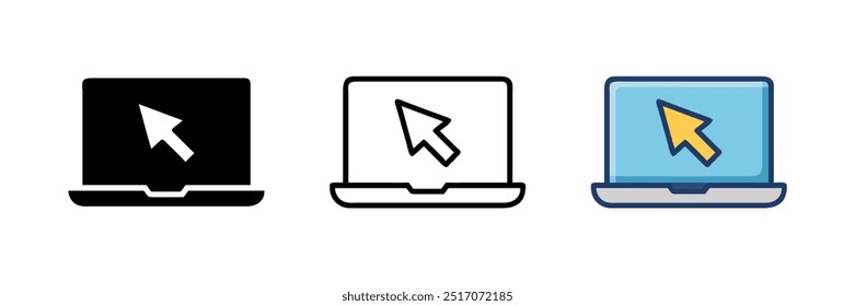 Laptop com ponteiro ou ícone de cursor isolado. Modelo de tela de bloco de anotações. Exibir com um clique do mouse sobre fundo branco.