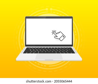 Laptop with pointer or cursor icon on yellow background. Mockup for Online, PC, registration, internet, book, mouse. Vector illustration.