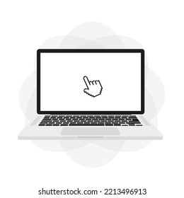 Laptop with pointer or cursor icon on isolated white background. Layout for online, PC, registration, internet, mouse. Vector illustration