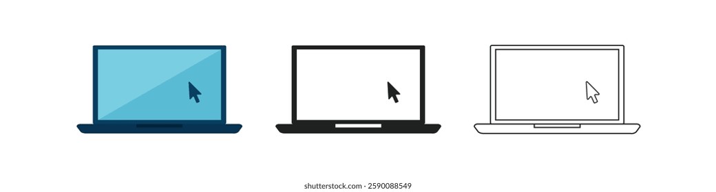 Laptop with pointer or cursor icon set. Notebook vector icon. Display with clicking mouse on white background.