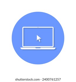 Laptop and pointer cursor icon with shadow. Notebook display with clicking mouse. Vector illustration
