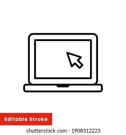 Laptop with pointer or cursor icon. Simple line style for web template and app. Online, PC, registration, internet, book, mouse, vector illustration design on white background. Editable stroke EPS 10