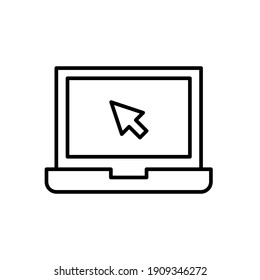 Laptop With Pointer Or Cursor Icon. Simple Line Style For Web Template And App. Online, PC, Registration, Internet, Book, Mouse, Vector Illustration Design On White Background. EPS 10