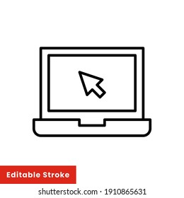 Laptop With Pointer Or Cursor Icon. Simple Line Style For Web Template And App. Online, PC, Registration, Internet, Book, Mouse, Vector Illustration Design On White Background. Editable Stroke EPS 10