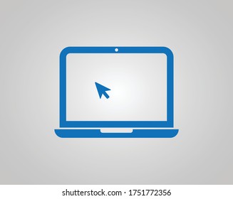 Laptop with pointer icon. Display with clicking mouse icon vector (blue version)
