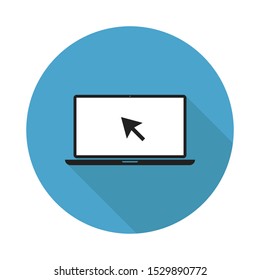 Laptop with pointer on screen on blue circle background with shadow. Laptop icon pointer. Mouse pointer symbol. Cursor icon illustration. Arrow symbol. Cursor click icon vector. EPS 10