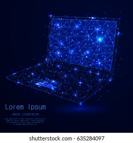 Laptop with polygon lines on an abstract background. Polygonal space low poly with connecting points and lines. Connection structure. Vector Backgrounds