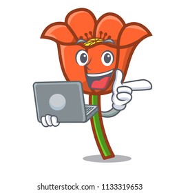 With laptop poppy flower character cartoon