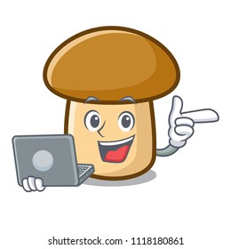 With laptop porcini mushroom character cartoon