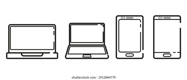 Laptop. Portable personal computer. Smartphone. Thin line icons for web, applications and design. Minimalistic flat style. Set.
