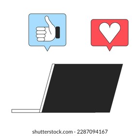 Laptop with positive feedback notifications black and white concept vector spot illustration. Editable 2D flat monochrome cartoon object for web design. Social media line art idea for website, mobile