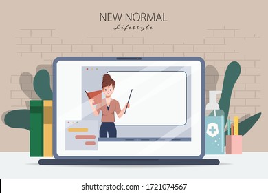 Laptop Presenting Online Education. Back To School During Covid-19. Stay Home And Study. E-learning Or E-book Concept.