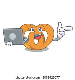 With laptop pretzel character cartoon style