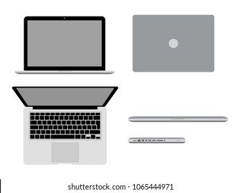 A laptop Pro in different positions Vector illustration. Open macbook, closed, in profile and top view. Modern computer mockup concept. A bitten apple