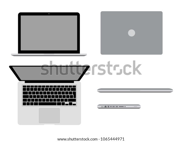 異なる位置にノートパソコンproがあるベクターイラスト Macbook を開き 閉じ 縦断と平面図を表示します 現代のコンピューターのモックアップのコンセプト かまれたリンゴ のベクター画像素材 ロイヤリティフリー
