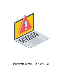 Laptop Problem Attention, Exclamation Mark. Vector 3d Isometric, Color Web Icon, New Flat Style. Creative Illustration Design, Graphic Idea For Infographics.