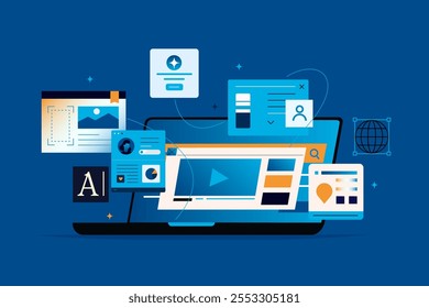 Laptop em processo de trabalho. Conjunto de dados, processo, classificação, banco de dados. Estrutura de desenvolvimento de processos da empresa. Baseado no conceito do data center. Organização de negócios. Comunicação digital.