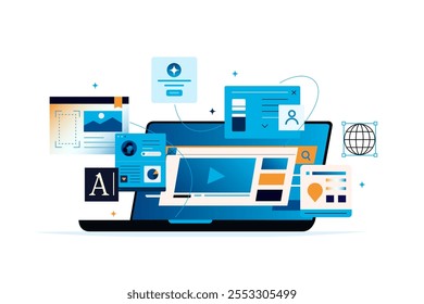 Laptop in the process of work. Data set, process, classification, database. Company process development structure. Data Center concept based. Business organization. Digital communication.