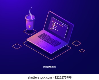 Laptop with program code isometric icon, software development and programming applications dark neon vector