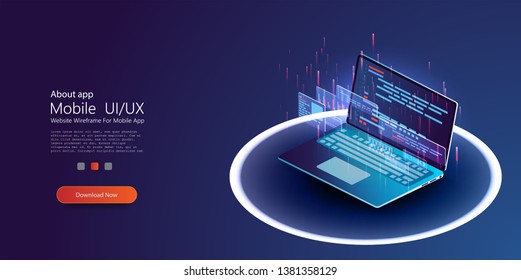 Laptop with program code isometric,  software development and programming applications. Business concept developer or programmer development code and website. White neon circle. Vector illustrations.