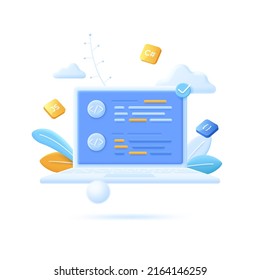 Laptop with program code on screen. Concept of software engineering, coding, programming languages in computer science and information technology. Vector illustration in pseudo 3d style for banner.
