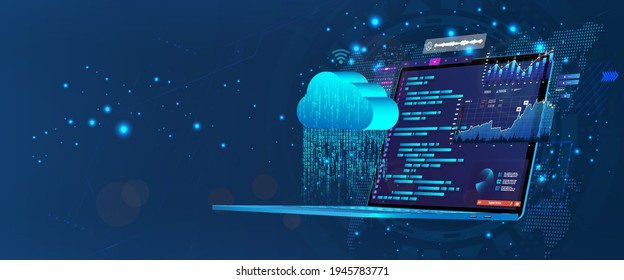 Laptop With Programming Code On Screen With Software Development UI And Saving Data To Cloud Storage. Web Coding And Synchronization With The Cloud Service Via The Internet. Programming Concept