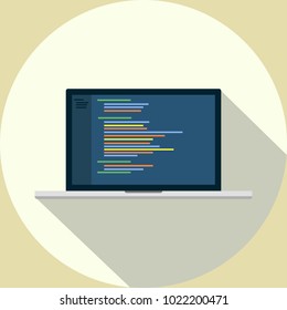 Laptop with programming code screen layout. flat vector illustration.