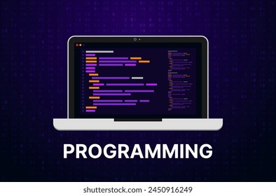 Laptop Programming Icon on Dark Purple Matrix Background. Flat Design. Vector Illustration. Web Developer Coding Software Developing Concept.
