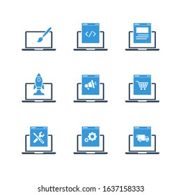 Laptop Programming Icons Set Programmer Developer Stock Colored Filled Icon Set Vector