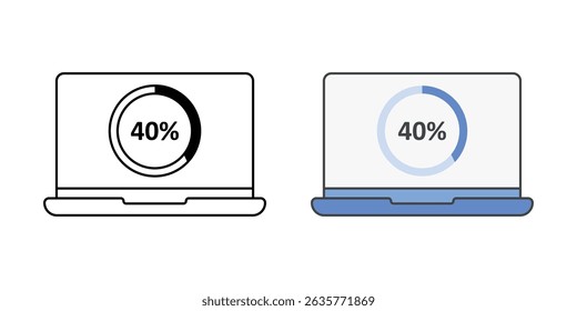 Laptop com ícone de barra de progresso em estilos de estrutura de tópicos e cores, ilustração vetorial simbolizando atualização de software, transferência de arquivos ou processo de instalação em um computador portátil.