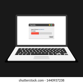 Laptop and progress bar on the screen.  Downloading file, information concept. Vector illustration.