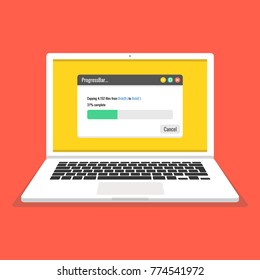 Laptop and progress bar on the screen. Vector illustration.