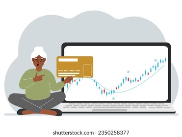 A laptop with a promo page of stock trading or trading on the stock exchange next to a woman holding a plastic card. Financial chart for buying and selling in the stock market. Vector