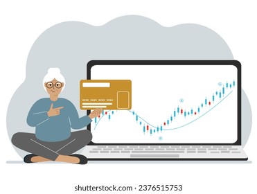 A laptop with a promo page of stock trading or trading on the stock exchange next to a woman holding a plastic card. Financial chart for buying and selling in the stock market. Vector