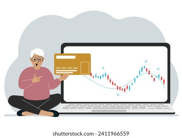 A laptop with a promo page of stock trading or trading on the stock exchange next to a man holding a plastic card. Financial chart for buying and selling in the stock market. Vector flat illustration