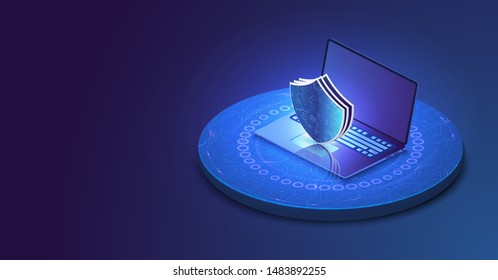 Laptop with protected guard shield security concept. Security, privacy or other concept illustration or background. Isometric internet security. 