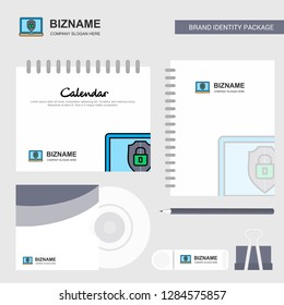 Laptop protected  Logo, Calendar Template, CD Cover, Diary and USB Brand Stationary Package Design Vector Template