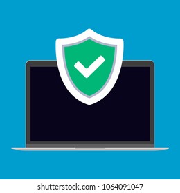 Laptop protection sign concept vector illustration. Notebook and shield with tick check mark popped out above the sctreen flat design style, firewall symbol, privacy safety isolated on blue background