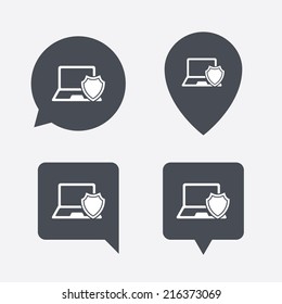 Laptop protection sign icon. Notebook with shield symbol. Map pointers information buttons. Speech bubbles with icons. Vector