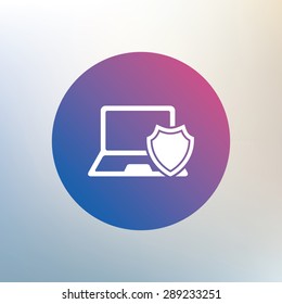 Laptop protection sign icon. Notebook with shield symbol. Icon on blurred background. Vector