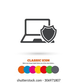 Laptop protection sign icon. Notebook with shield symbol. Classic flat icon. Colored circles. Vector