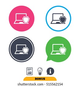 Laptop protection sign icon. Notebook with shield symbol. Report document, information sign and light bulb icons. Vector